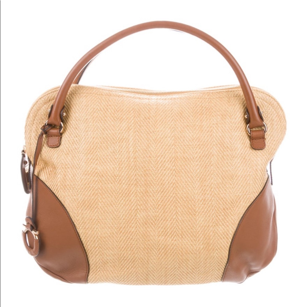NWOT - SALVATORE FERRAGAMO Yellow/Brown Woven Raffia and Leather Gancio Satchel